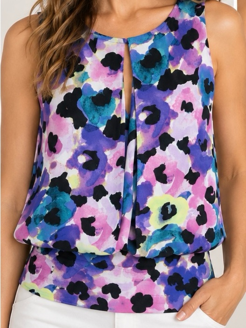 Ann Taylor Multi-Color Floral Keyhole Blouson Camisole